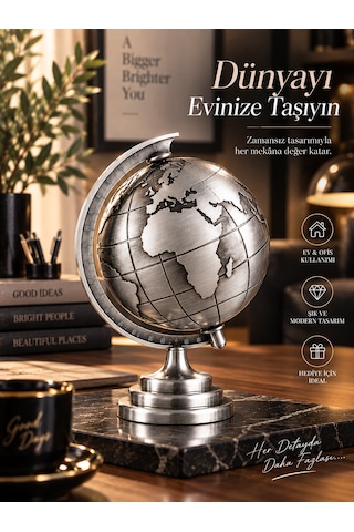 Dekoratif Metal Dünya Küresi Silver