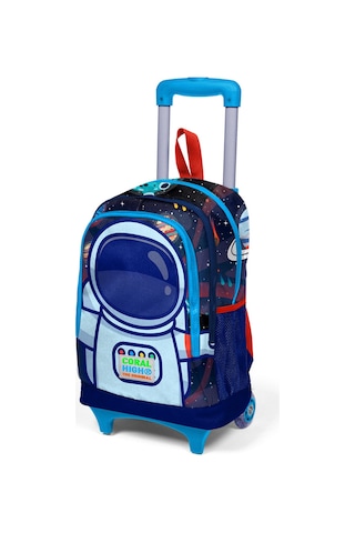 Coral High Kids Saks Mavi Astronot Desenli Üç Bölmeli Işıklı Tekerlekli Çekçekli Okul Sırt Çantası 23924