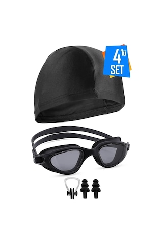 4lü Set Swimmer Pro Buğu Yapmaz Havuz Deniz Yüzücü Gözlüğü Boneli Tıkaçlı Uv Korumalı Yüzme Gri - Siyah