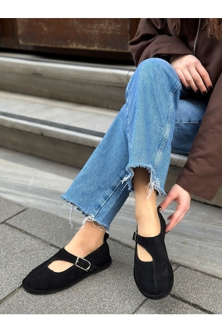 Erva'nın Butiği Siyah Hakiki Deri Alevo Dekolte Kesim Gold Ayarlanabilir Toka Detaylı Kadın Ayakkabı-6119 Siyah Hakiki Süet