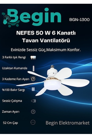 Begin 50w 6 Kanatlı Tavan Vantilatör Led Işıklı Uzaktan Kumandalı