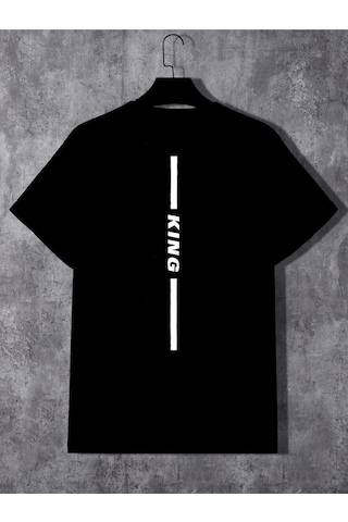 King Arka Yazı T-shirt Şort - Siyah Alt Üst Kombin Şort Tişört Takım Baskılı Oversize Bisiklet Yaka Siyah