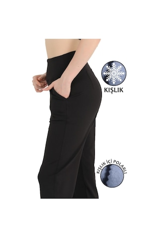 Kadın Siyah Yüksek Bel Jogger Eşofman Altı Polarlı Kışlık Cepli Joggers 1062 Siyah