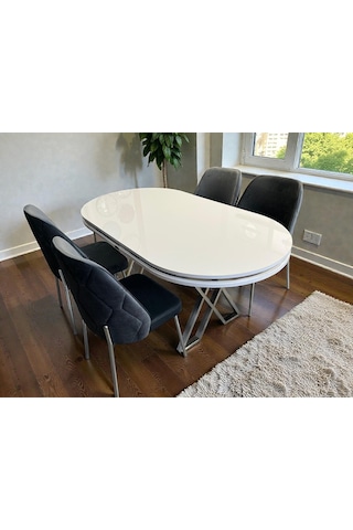 Msy Home 4 Kişilik Naz Serisi Beyaz Masa Yönsüz Kumaş Lüks Ve Modern Yemek Odası Takımı Gri