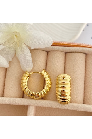 Halka Küpe Tırtıklı Küpe Zirkon Taşlı Serenay Küpe Kararmaz Xuping Gold Gold