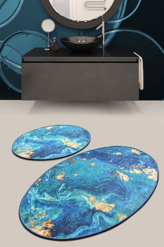 Marblıng Djt 2 Lı Set Banyo Halısı Paspas Mavi