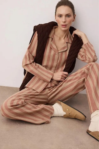 Gül Kurusu-ekru Pamuklu Kalın/kışlık Çizgili Flanel Dokuma Pijama Takımı Çok Renkli