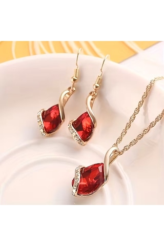 Moda Zirkon Taşlı İşlemeli Kolye, Küpe Set, Sevgililer Günü Kırmızı