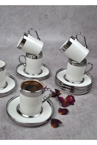 6 Kişilik 12 Parça Porselen Türk Kahve Fincan Takımı 110 Ml Sılve