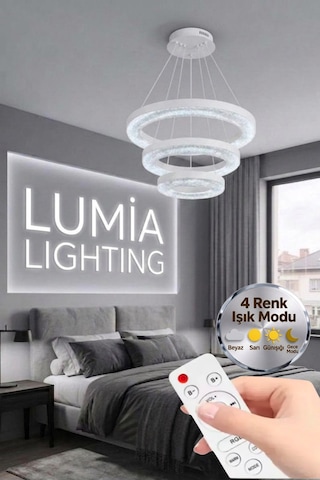 Lumia Lighting Yonca Model Gümüş Kumandalı 3"lü Ledli 3 Renk Modu Kristal Salon Mutfak Yatak Çocuk Odası Avize Beyaz