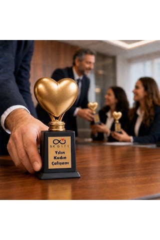 Logonuza Özel 5 Adet Mesajlı Gold Renk Kalpli Gizli Bölmeli Kurumsal Ödül Kupası Seti