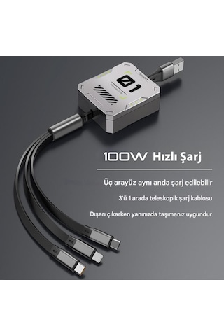 Zuidid - Fc151 - 3 Ü 1 Arada 100w 3a Hızlı Şarjlı 1.2 Metre Geri Çekilebilir Çoklu Şarj Kablosu (Şarj Kablosu)-Evet