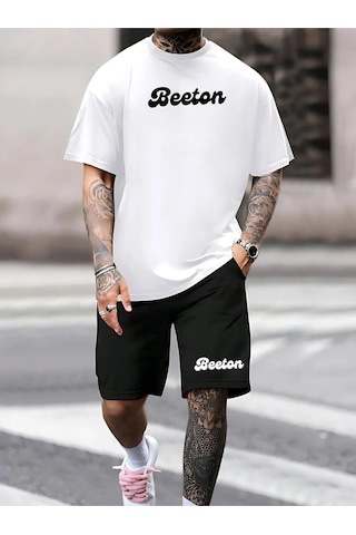 T-shirt - Şort Yazlık Takım- Oversize Bisiklet Yaka Kısa Kol Tişört - Şort Beyaz