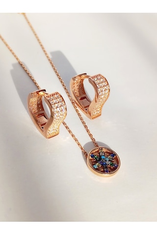 Gümüş Gold Kar Tanesi Kolye Beyaz Kalp Küpe Trend Kadın Set