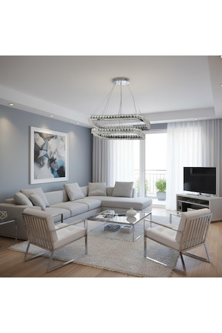 Elentra 2 Katlı Kristal Taşlı Ledli Avize Krom