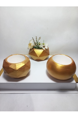 Dekoratif Antiquity Gold Saksı 3'lü Set - Kaktüs/sukulent Saksısı,çiçeklik Seti -