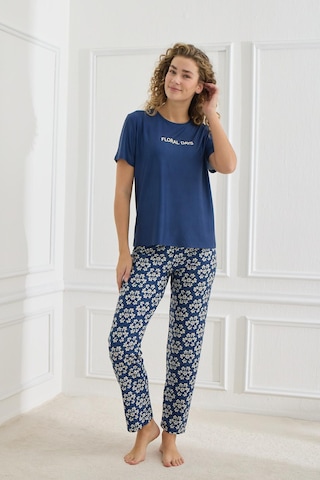 Kompedan Kadın Çiçek Desenli Bisiklet Yaka Pijama Takım Lacivert 30102-963 Lacivert