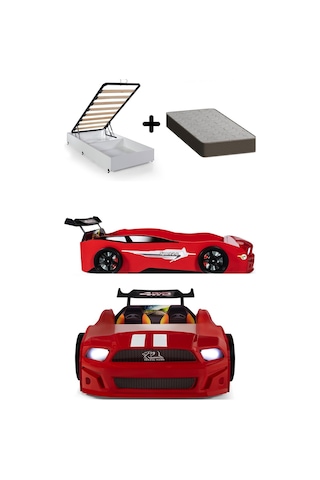 Kırmızı Arabalı Yatak Sport Mst Işıklı Baza Ortopedik Yatak 90x190 Cm