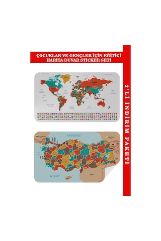 Eğitici - Öğretici Dünya Ve Türkiye Haritası Çocuk Odası Duvar Sticker-60x105-3886 Renkli