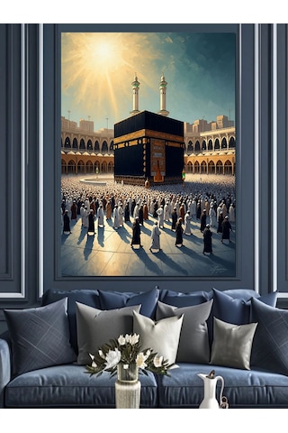 Ahşap Tablo Kabe Etrafında İbadet Eden Müslümanlar