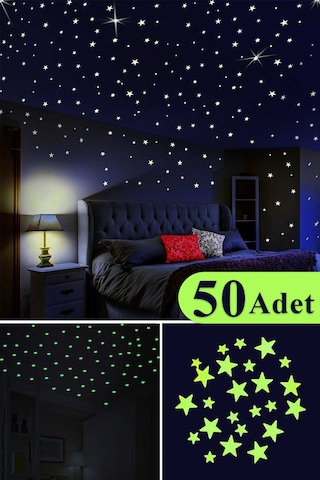 50 Adet Karanlıkta Parlayan Fosforlu Ay Ve Yıldız Tasarımlı Dekoratif Sticker Yeşil
