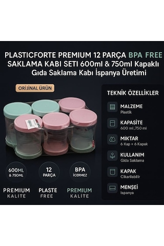 Plasticforte Premium 12 Parça Bpa Free Saklama Kabı Seti 600ml & 750ml Kapaklı Gıda Saklama Kabı İspanya Üretimi Çok Renkli