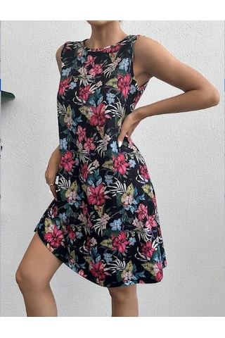 Kadın Renkli Çiçek Baskılı Süprem Elbise Lacivert