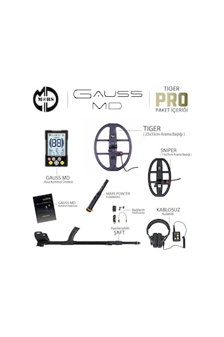 Gauss Md Dedektör Tıger 33x25,5cm + Snıper 25x15cm Başlık Pinpointer + Kulaklık