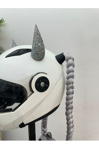 Motor & Motosiklet Gri Simli Çift Örgü Saç Ve Hologramlı Şeytan Boynuzlu Set Kask Dış Aksesuarı Diğer