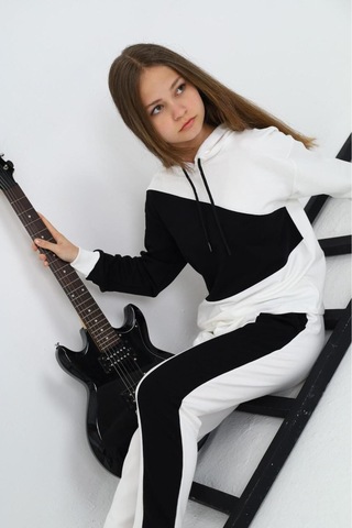 Kız Çocuk %100 Pamuk Garnili Kapüşonlu Uzun Kol Alt&üst Eşofman Takım-eşt-0018 Beyaz