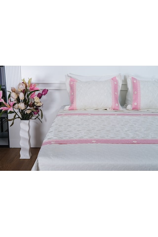 Finezza Gülfem Pamuk Baskılı  Krem Pembe Yatak Örtüsü Seti Çift Kş. 6 Parça