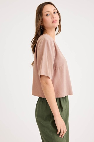 Vitrin Yuvarlak Yaka Kısa Kol Crop Bluz CAMEL