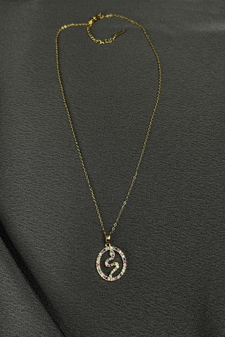 Mooni Accessories Yılan Model Renkli Zirkon Taş İşlemeli Gold Altın Renk 316L Kolye Altın