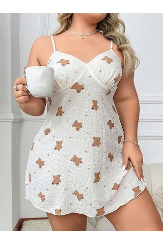 Arias Closet Büyük Beden Ayıcık Desenli Pamuklu İnce Askılı Mini Gecelik Beyaz