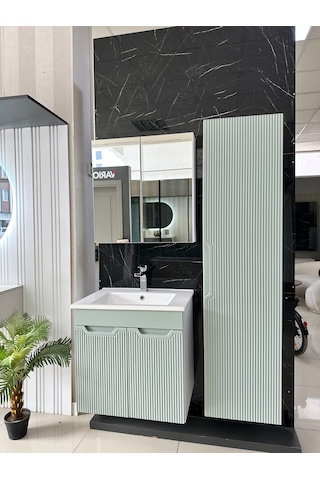 Banyo Dolabı Aynalı Cnc İşlemeli Membran Kapaklı 65 Cm Yeşil