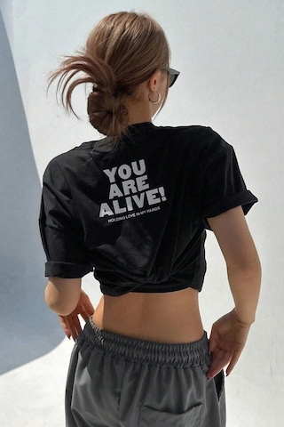 You Are Alive T-shirt - Siyah Baskılı Oversize Bisiklet Yaka Kısa Kol SIYAH