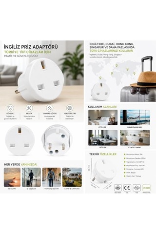 İngiliz Priz Adaptörü, Uk Fiş Dönüştürücü, Topraklı Seyahat Adaptörü Türkiye Tipi Cihazlar İçin 3500w Güç, Tse & Ce Sertifikalı Yanmaz Gövde - İngiltere Dubai Hong Kong Singapur Almera