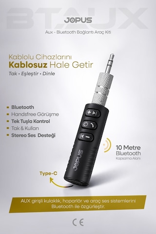Jopus Bluetooth Aux Araç Kiti Bluetooth 5.0 Hd Ses Kalitesi Kesintisiz Bağlantı