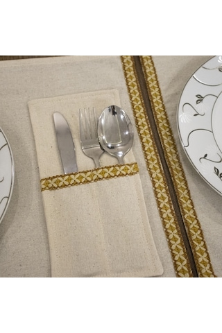 Dnc Home Tekstil Ndchome Keten Dokuma Şeritli 6lı Amerikan Servis Seti Kaşıklık Hediyeli 35x55 Krem
