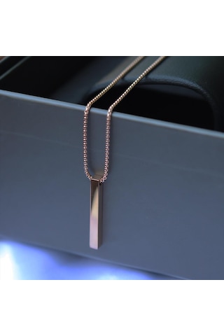 Dikdörtgen Rose Gold Çelik Plaka Kolye Gri
