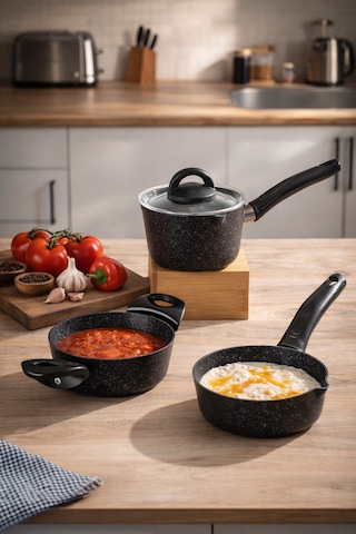 Porsima 4398 4 Parça Kaçerola Sosluk Sütlük Mini Granit Tencere Sahan Seti Siyah 14cm siyah
