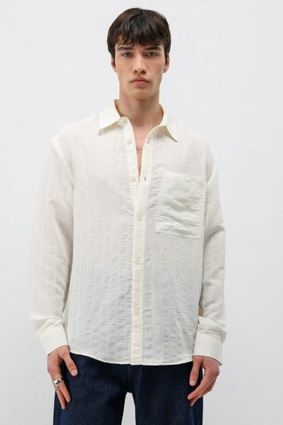 Vamos Modal Kumaş Çizgili Oversize Gömlek Beyaz