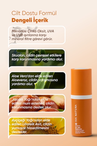 İva Natura Organik Mineral Filtreli Spf 50 Güneş Kremi Çinko Oksit İçerikli Hassas Ciltler İçin 30 Ml