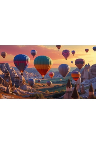 Doğa Ve Manzara Yatay Kapadokyada Gün Doğumunda Peri Bacalarının Üzerinde Balonlar 01 Çerçevesiz 90x60cm Pvc Tablo