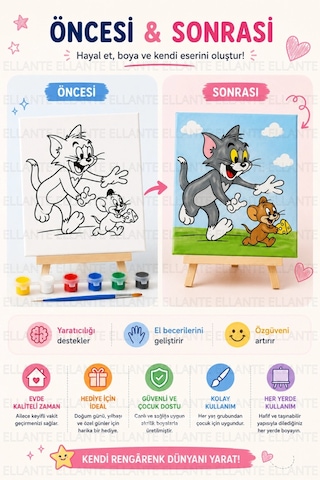 Tom & Jerry Baskılı Boyama Tuvali Seti 20x20 Cm 6 Renk Akrilik Boya + Fırça Dahil Çocuklar İçin