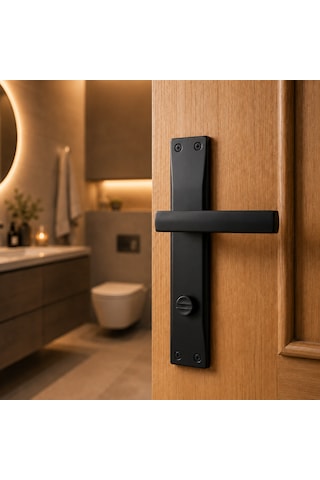 Kare Aynalı Wc Banyo Kapı Kolu Sol Açılım Mat Siyah Alüminyum Kol Takımı