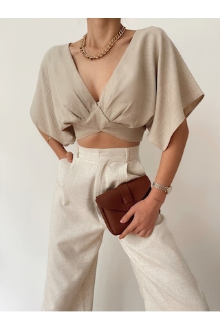 Fashion Cocktail Kısa Kol V-yaka Keten Sırt Bağlama Mini Karın Dekolteli Yazlık Kombin Crop Bluz Krem