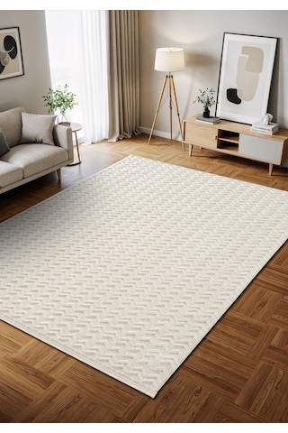Wool Wl009a Beyaz Modern Desen Kabartmalı Doku Pamuk Tabanlı Kaymaz Halı-783 Beyaz