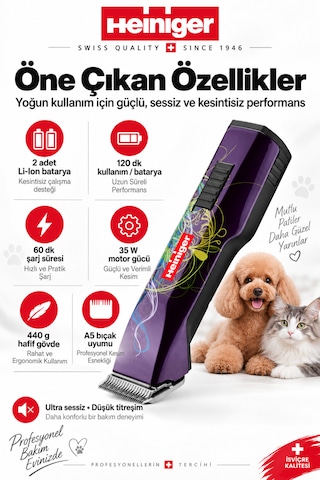 Heiniger Saphir Style Mor Kablosuz Kedi Köpek Tıraş Makinesi - Yedek Bataryalı