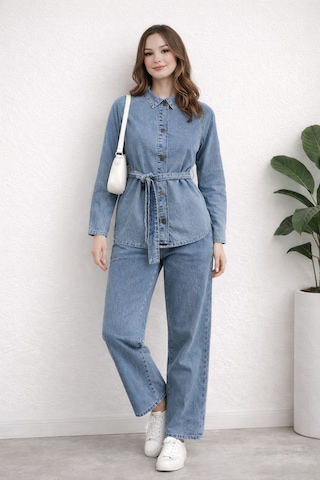 Hiramir Kadın Modern Kesim Kuşaklı Denim Takım Yz2601 Mavi